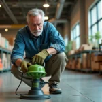 Homme examinant la tête de fil d'un rotofil électrique dans un magasin de jardinage avant l'achat