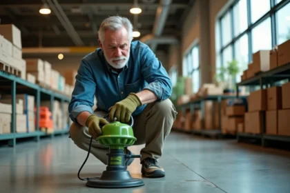 Homme examinant la tête de fil d'un rotofil électrique dans un magasin de jardinage avant l'achat