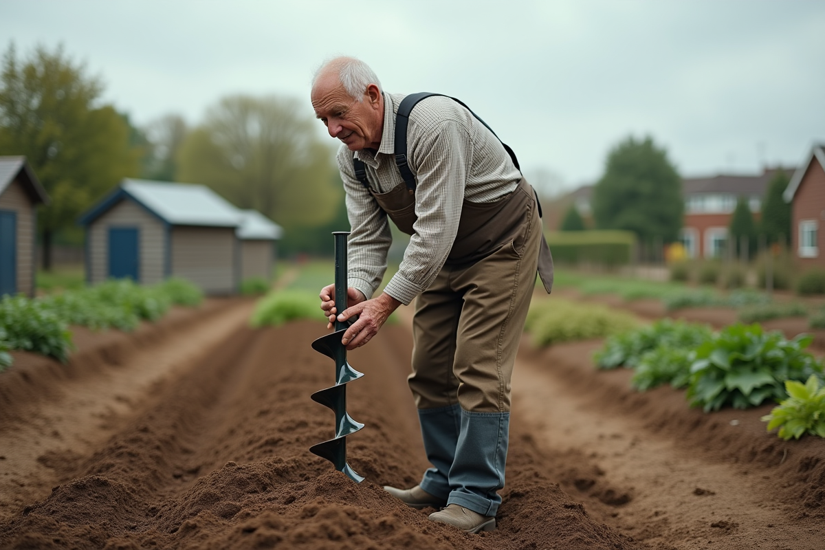 Homme avec tarière à sol dans un jardin rural