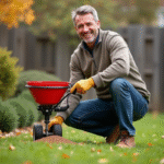 Homme en tenue automnale appliquant du fertilisant dans le jardin