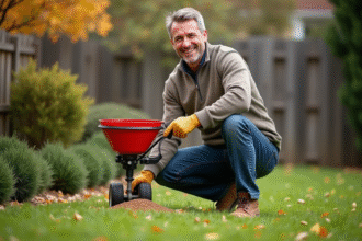 Homme en tenue automnale appliquant du fertilisant dans le jardin