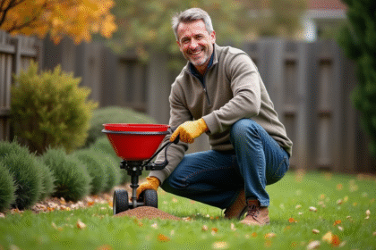 Homme en tenue automnale appliquant du fertilisant dans le jardin