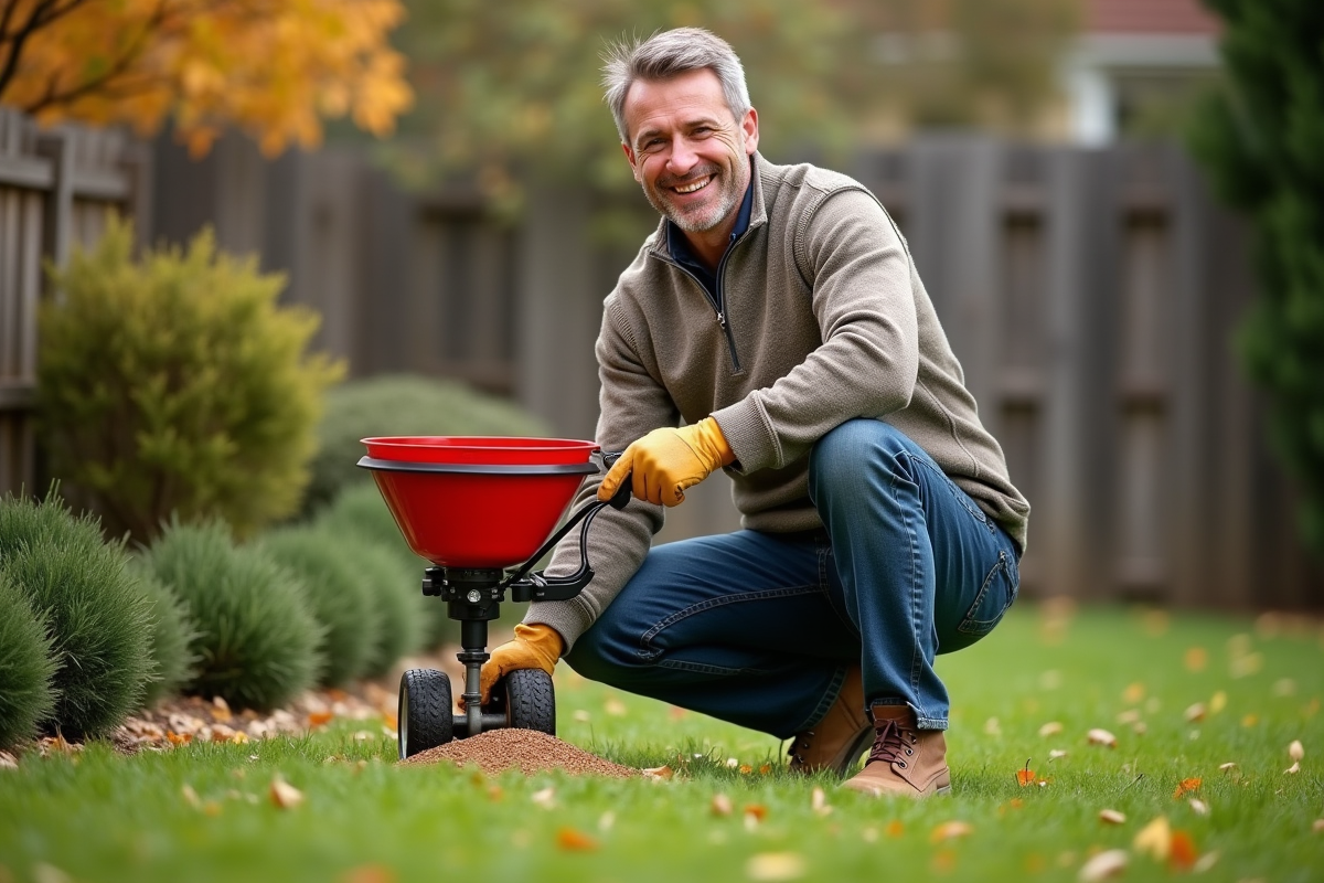 Homme en tenue automnale appliquant du fertilisant dans le jardin