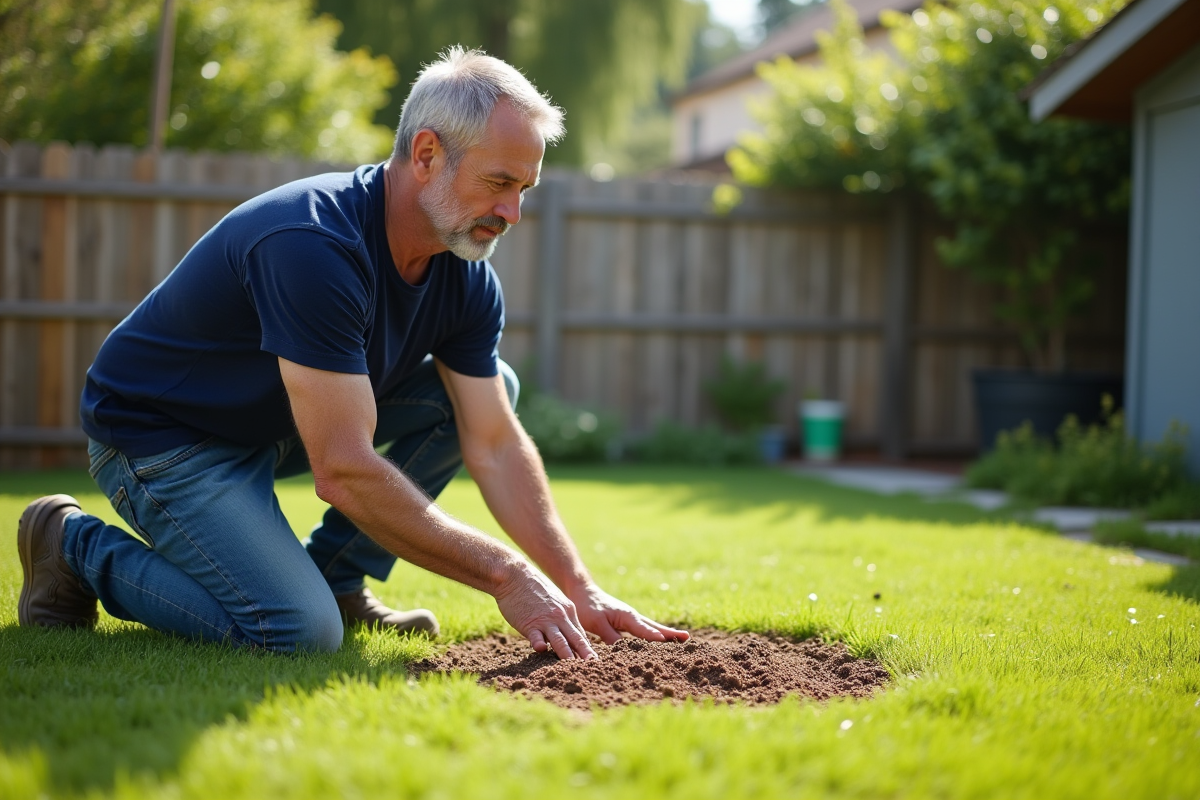 Homme en jeans et t-shirt étalant de l'engrais sur la pelouse