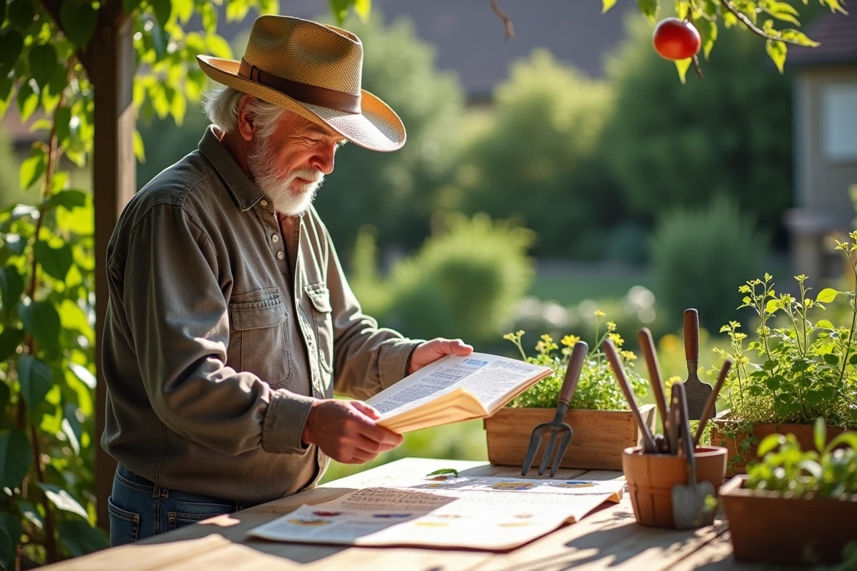 Homme âgé consultat un calendrier lunaire dans le potager