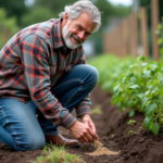 Homme en jeans et chemise à carreaux dans un jardin verdoyant