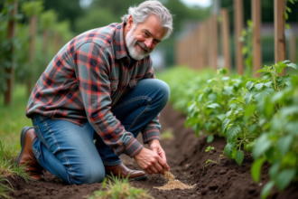 Homme en jeans et chemise à carreaux dans un jardin verdoyant
