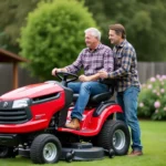 Homme inspectant un tracteur de jardin rouge dans un jardin