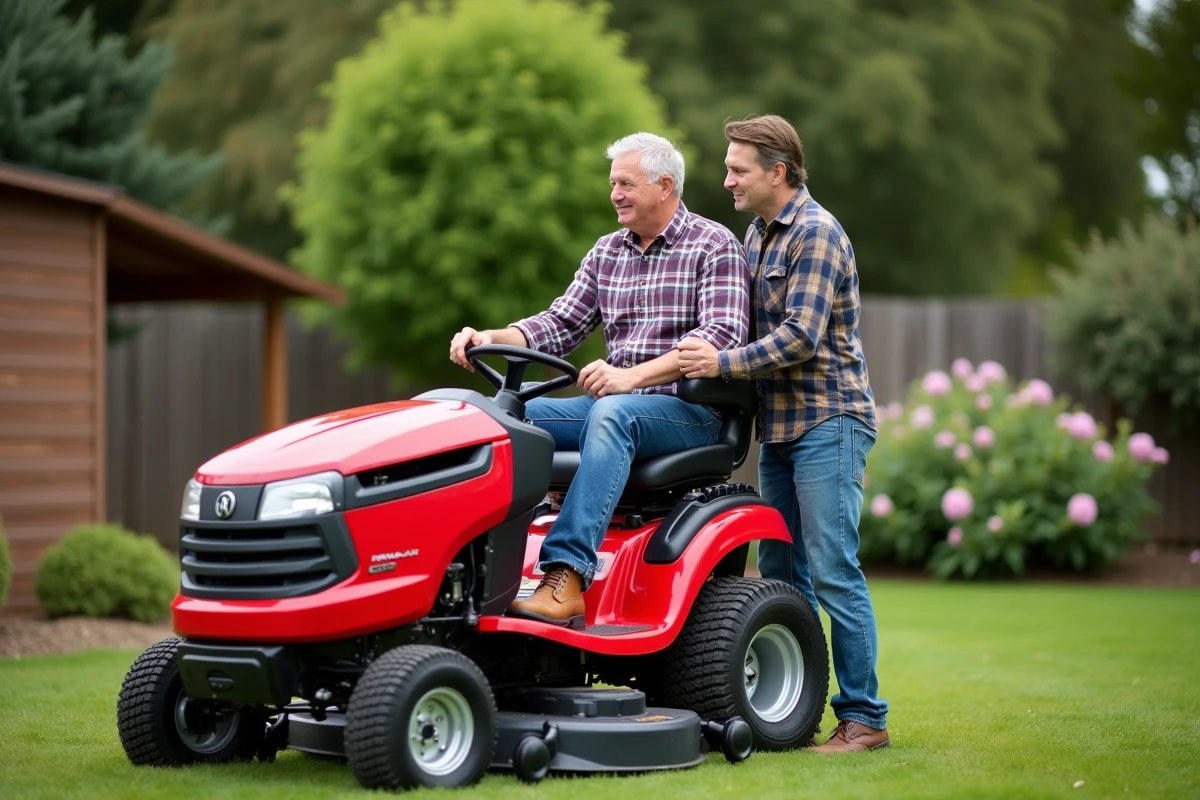 Homme inspectant un tracteur de jardin rouge dans un jardin
