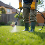 Homme en vêtements de jardinage pulvérisant un traitement anti-mousse sur la pelouse