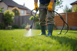 Homme en vêtements de jardinage pulvérisant un traitement anti-mousse sur la pelouse