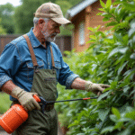Homme d'âge moyen en tenue de jardinage traitant des plantes