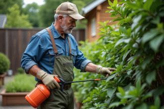 Homme d'âge moyen en tenue de jardinage traitant des plantes