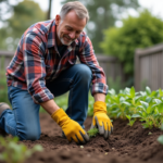 Homme d'âge moyen arrosant un jardin avec des mauvaises herbes