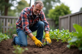 Homme d'âge moyen arrosant un jardin avec des mauvaises herbes