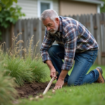 Homme d'âge moyen en jeans et chemise à carreaux en train de désherber