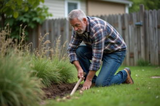 Homme d'âge moyen en jeans et chemise à carreaux en train de désherber