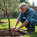 Homme d'âge moyen plantant un olivier dans son jardin