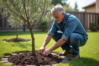 Homme d'âge moyen plantant un olivier dans son jardin