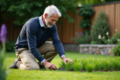 Homme d'âge moyen inspectant la pelouse verte
