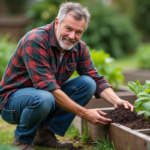 Homme d'âge moyen inspectant la terre dans un jardin potager