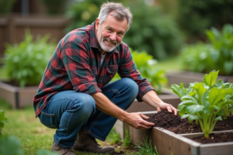 Homme d'âge moyen inspectant la terre dans un jardin potager
