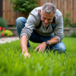 Homme d'âge moyen en tenue de jardinage inspectant la pelouse verte