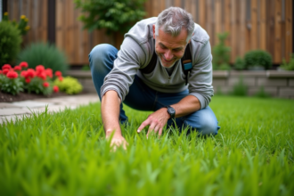 Homme d'âge moyen en tenue de jardinage inspectant la pelouse verte
