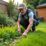 Homme d'âge moyen en tenue de jardinage examine le gazon
