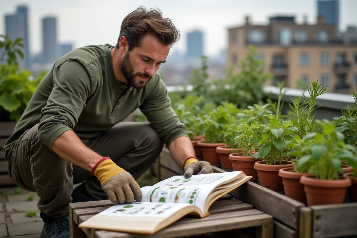 Homme consultant plusieurs livres de permaculture sur une terrasse potager urbaine avec des bacs en terre cuite