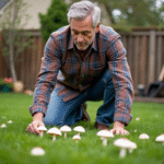 Homme d'âge moyen inspectant des champignons blancs dans le jardin