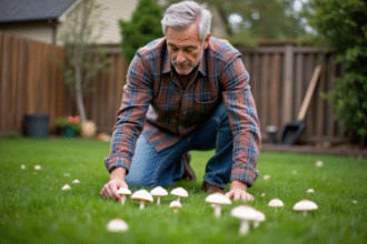Homme d'âge moyen inspectant des champignons blancs dans le jardin