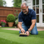 Homme en jeans et polo nettoyant le gazon artificiel
