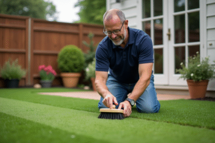 Homme en jeans et polo nettoyant le gazon artificiel