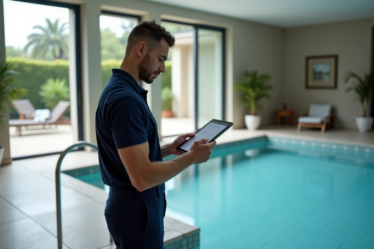 Homme en overalls vérifiant le volume de la piscine intérieure