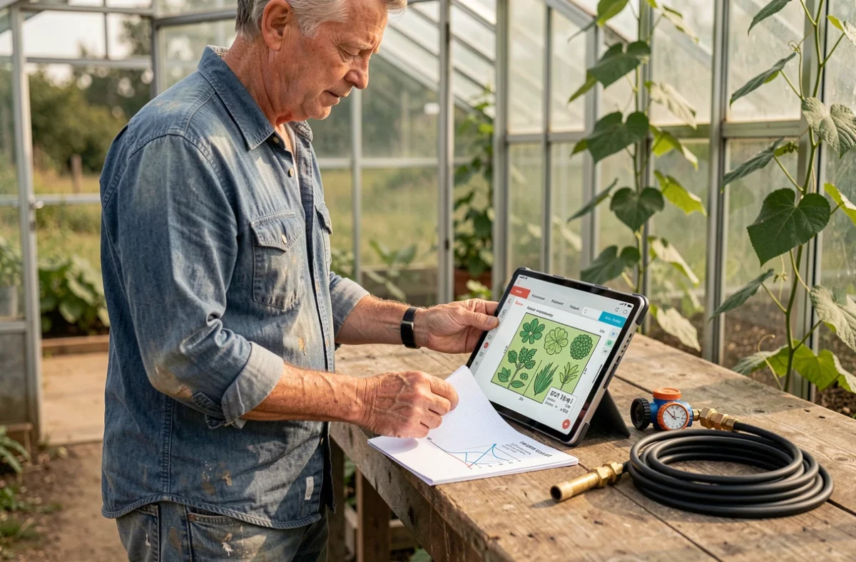 Homme planifiant un calendrier d'irrigation pour son potager avec tablette et matériel goutte-à-goutte