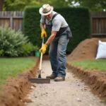 Homme en vêtements de travail pose sur un chemin de jardin neuf