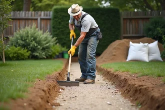 Homme en vêtements de travail pose sur un chemin de jardin neuf