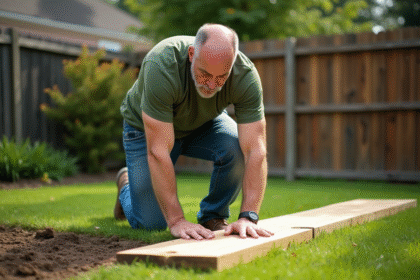 Homme en travailleur déployé sur la pelouse du jardin