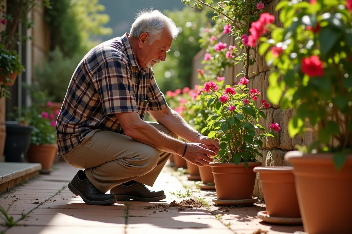 Homme âgé en propagation de bougainvillea dans le patio