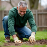 Homme en jeans et pull vert semant des graines dans son jardin
