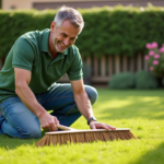 Homme d'âge moyen tondant la pelouse dans le jardin