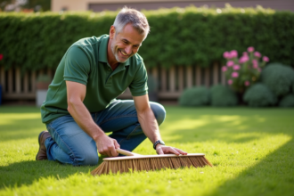 Homme d'âge moyen tondant la pelouse dans le jardin