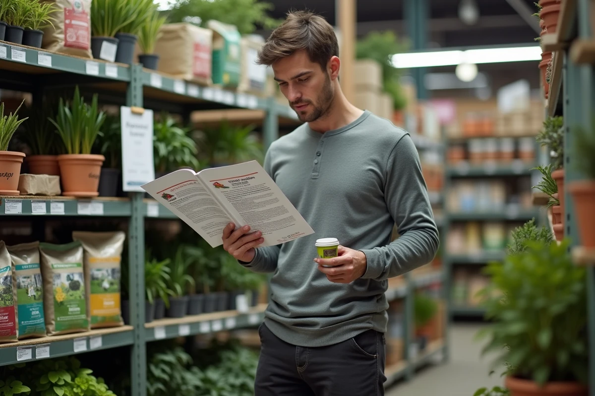 Homme utilisant un kit de test de pH du sol dans un rayon de jardinerie entouré de plantes