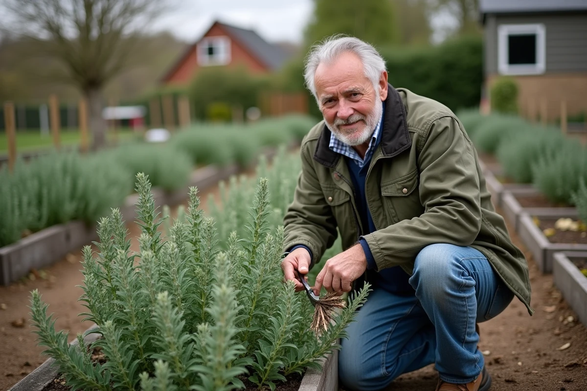 Homme âgé taillant la sauge dans un jardin rural