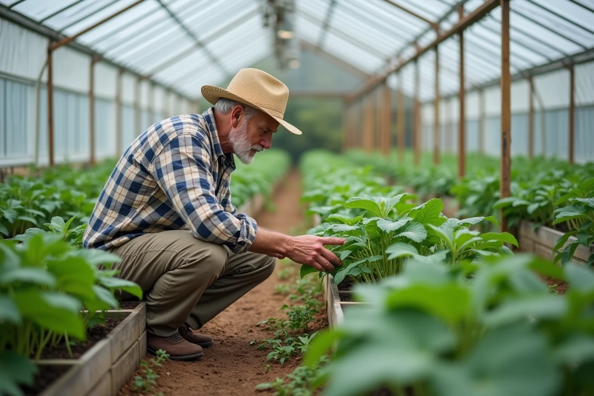 Homme âgé vérifiant des jeunes plants de haricots dans la serre