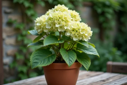 Hortensia en pot avec feuilles jaunissantes et tiges molles posé sur une table de jardin en bois