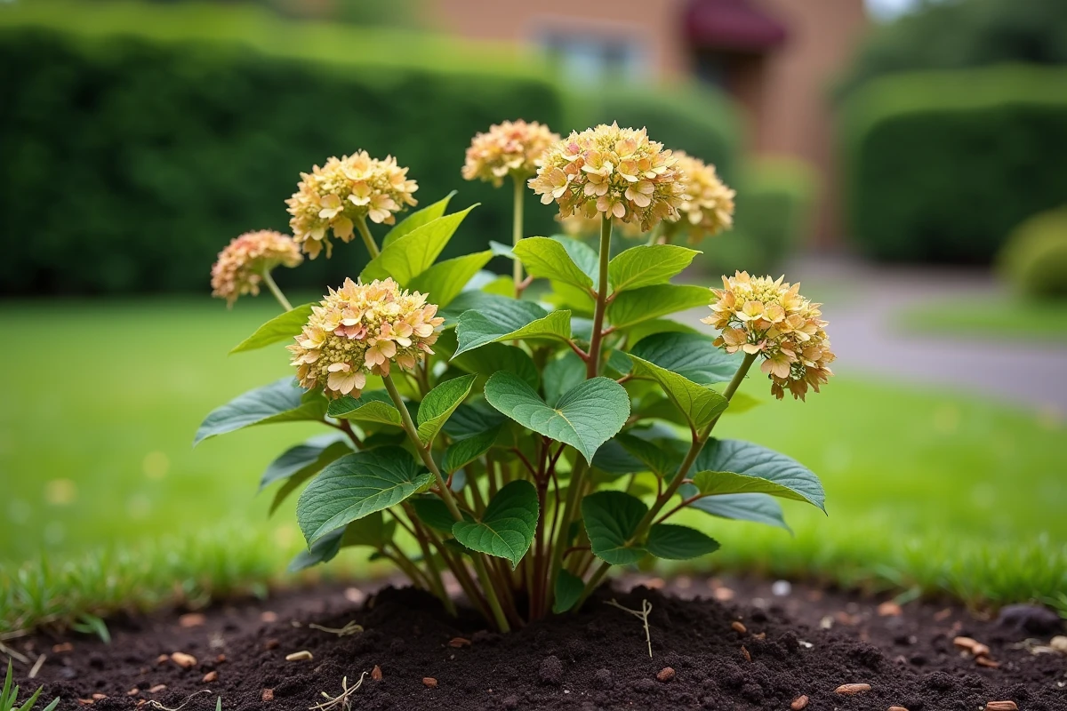 Hortensia en pleine terre avec tiges affaissées et feuillage jaunissant dans un jardin résidentiel