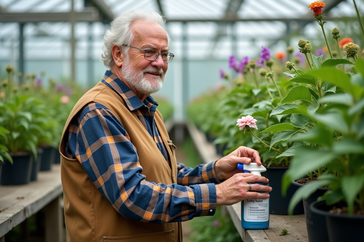 Homme horticulteur examine des plantes dans une serre