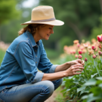 Femme horticultrice inspectant des fleurs fanées dans un jardin